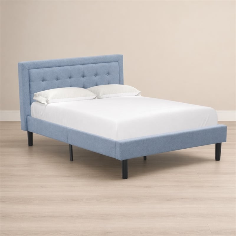Pemberly Row Full Size Panel Bed in Denim Blue Upholstered Engineered Wood