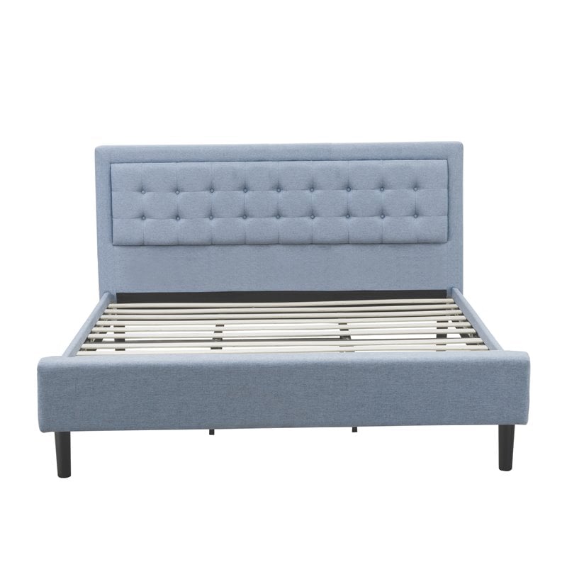 Pemberly Row King Size Panel Bed Upholstered in Denim Blue Engineered Wood