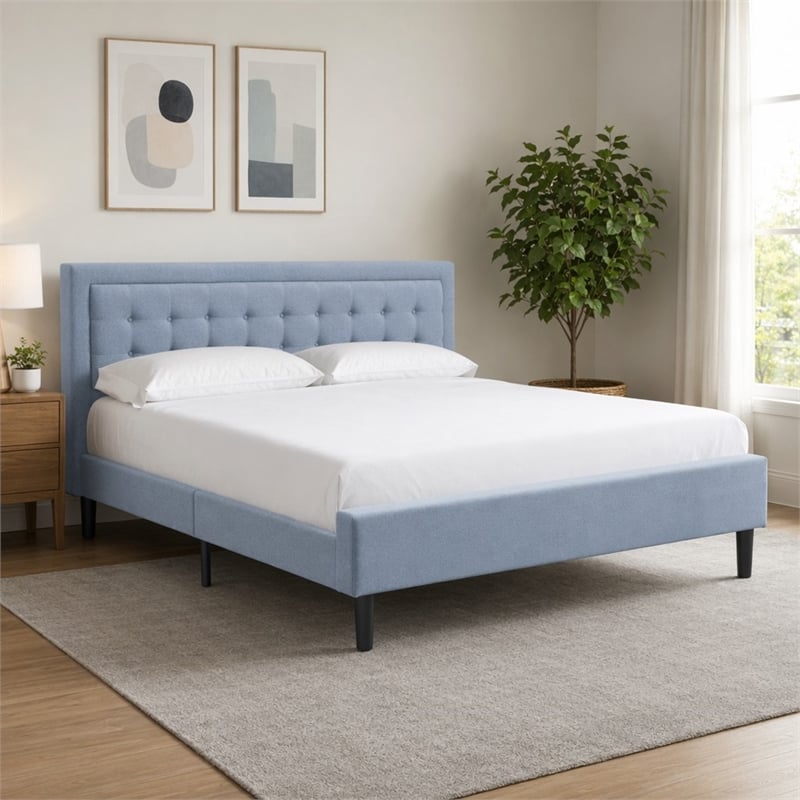 Pemberly Row King Size Panel Bed Upholstered in Denim Blue Engineered Wood
