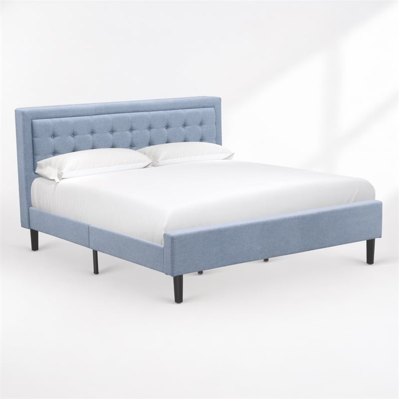 Pemberly Row King Size Panel Bed Upholstered in Denim Blue Engineered Wood