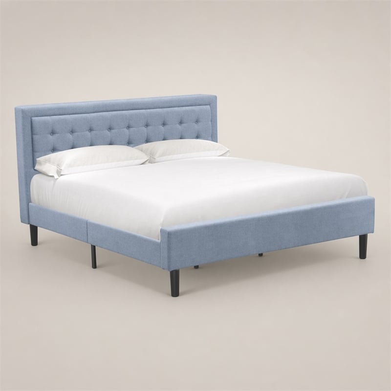 Pemberly Row King Size Panel Bed Upholstered in Denim Blue Engineered Wood