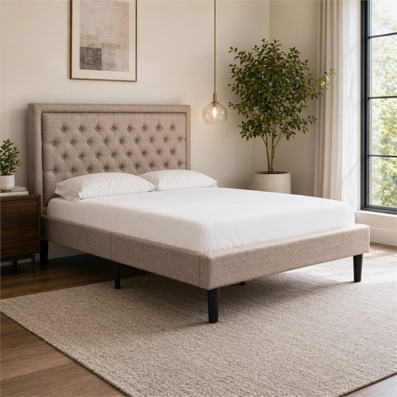 Pemberly Row Wood and Fabric Full Size Bed in Khaki Brown