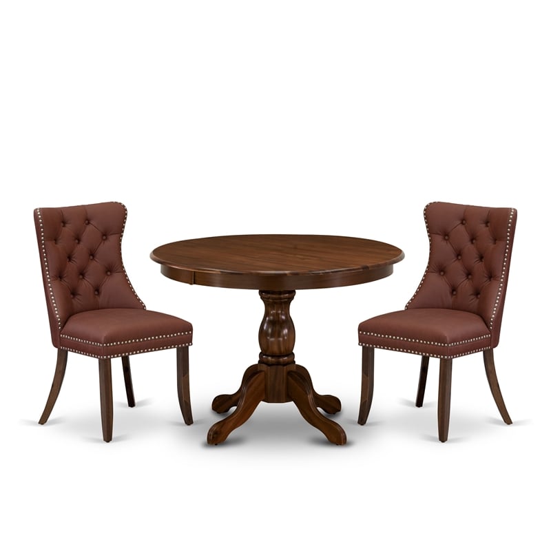 Pemberly Row 3-Piece Kitchen Table Set in Burgundy Upholstered Antique Walnut