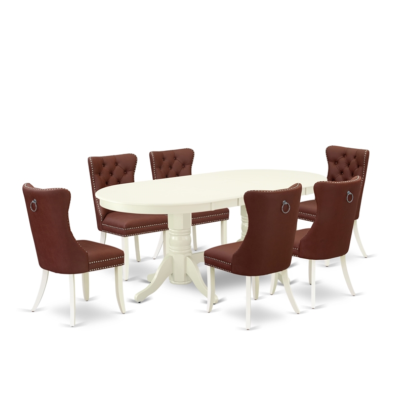 Pemberly Row 7-Piece Oval Dining Table Set Faux Leather Burgundy Chairs
