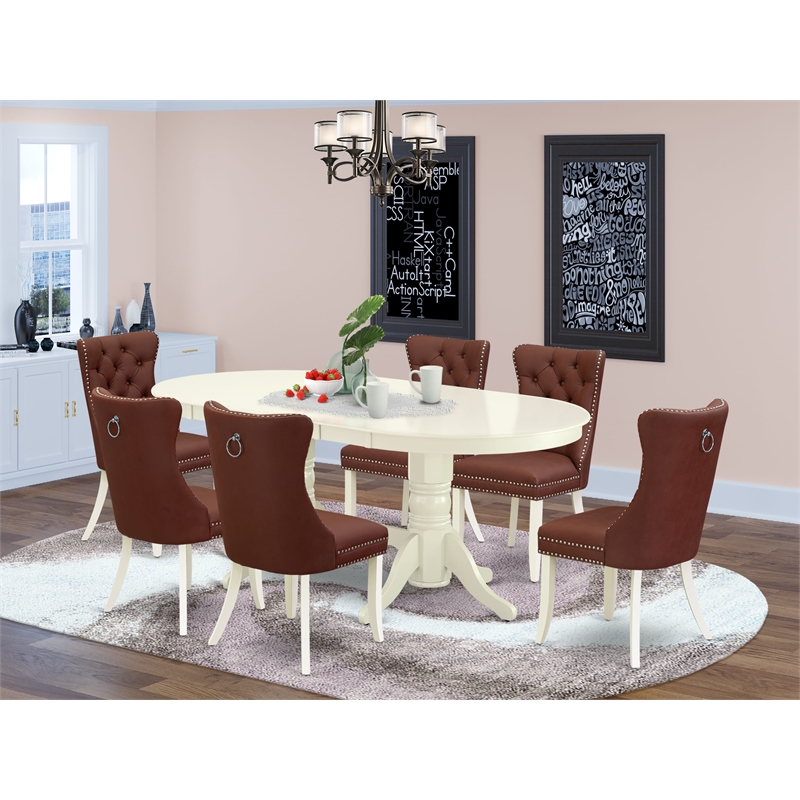 Pemberly Row 7-Piece Oval Dining Table Set Faux Leather Burgundy Chairs