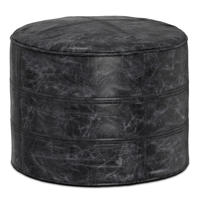 Pemberly Row Boho Round Pouf in Distressed Black Genuine Leather