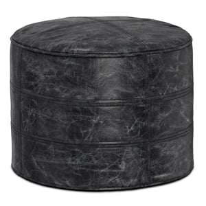 Pemberly Row Boho Round Pouf in Distressed Black Genuine Leather