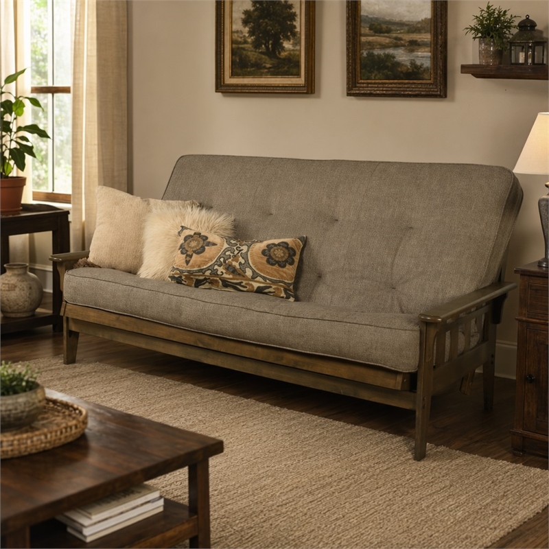 Pemberly Row Tucson Queen Wood Futon with Linen Stone Mattress