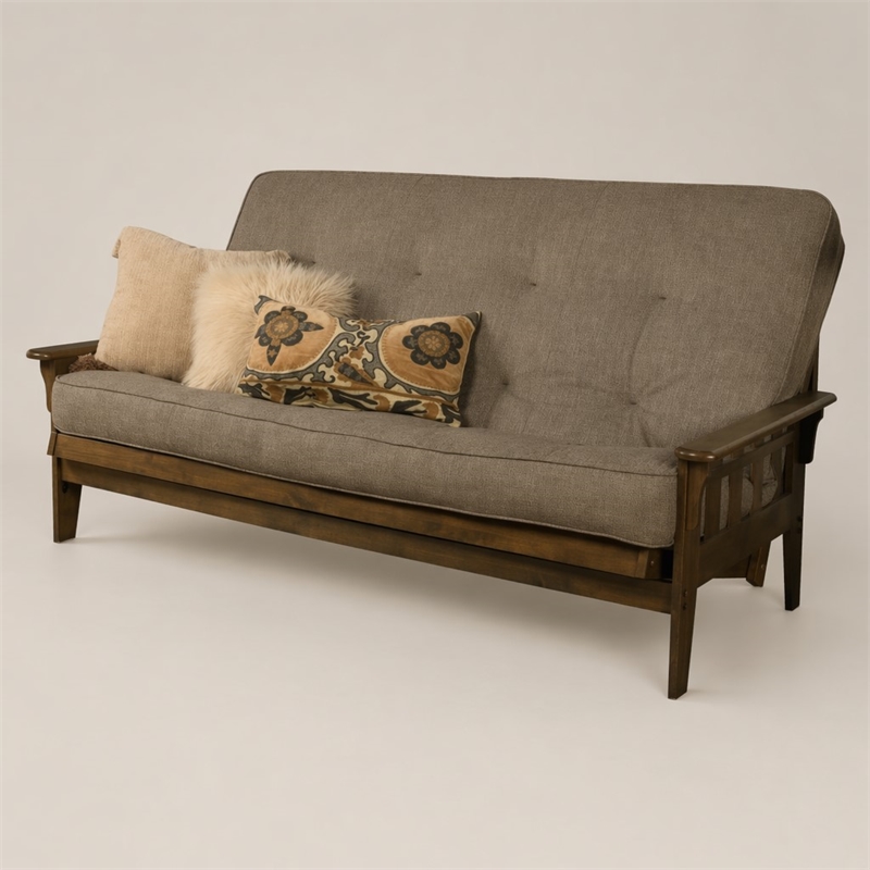 Pemberly Row Tucson Queen Wood Futon with Linen Stone Mattress