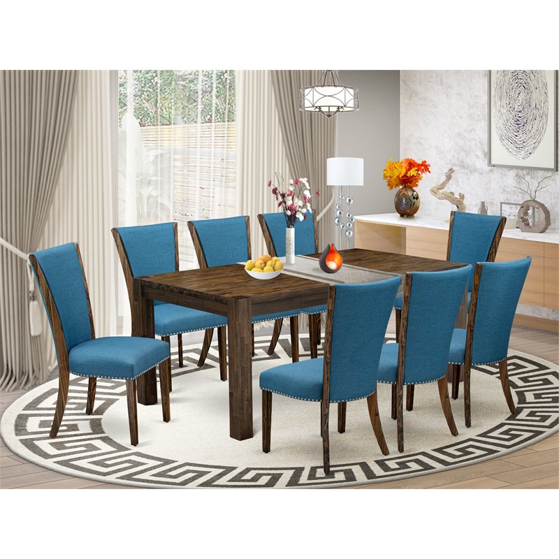 Pemberly Row 9-Piece Wood Dining Set in Jacobean Brown/Blue