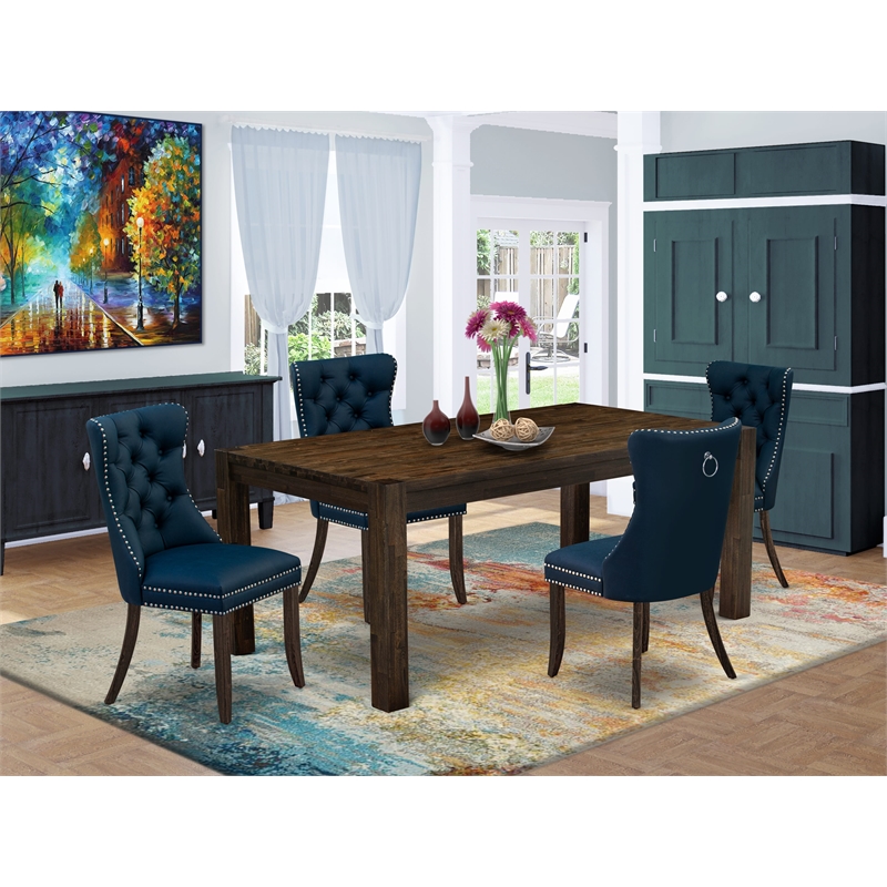 Pemberly Row 5-Piece Distressed Jacobean Dining Set with Navy Chairs