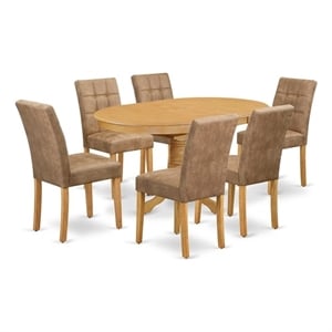 Pemberly Row 7-Piece Oval Butterfly Dining Set in Oak and Brown Faux Leather