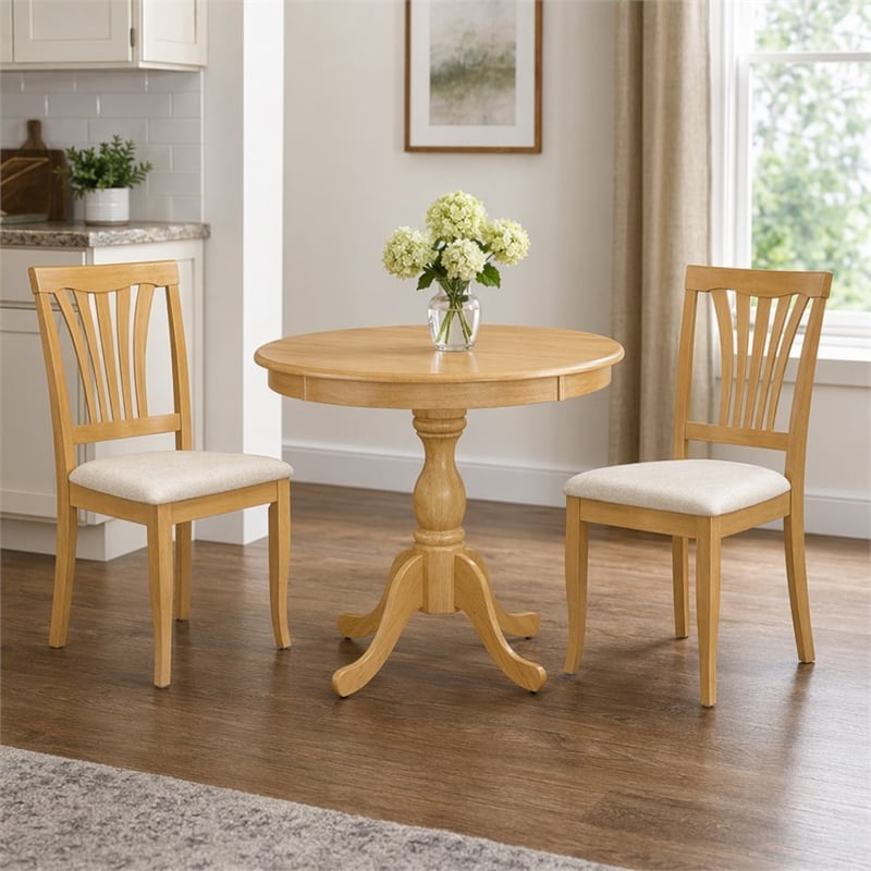 Pemberly Row Antique 3-Piece Dining Room Set with Oak Finish and Fabric Seats