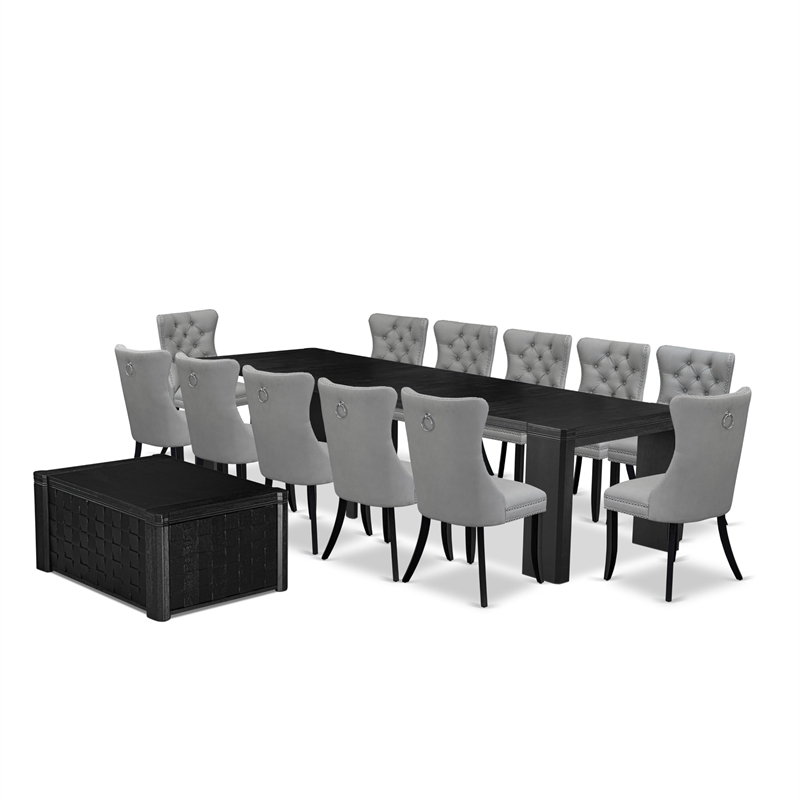 Pemberly Row 14-Piece Extendable Acacia Wood Dining Table Set in Black Finish