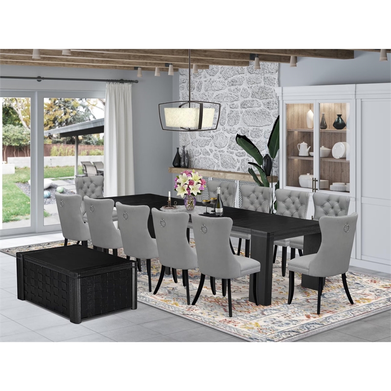 Pemberly Row 14-Piece Extendable Acacia Wood Dining Table Set in Black Finish