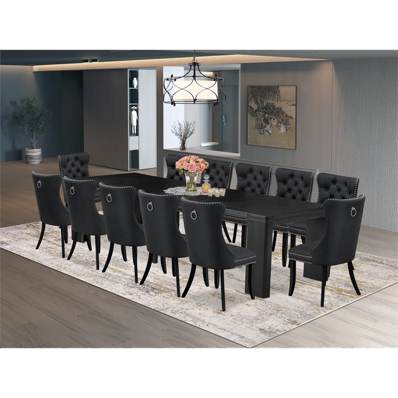 Pemberly Row 13-Piece Dining Set in Black Finish with Faux Leather Upholstery