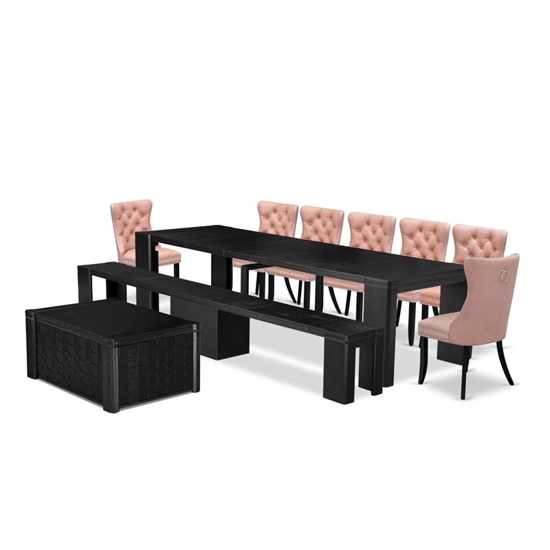 Pemberly Row 10-Piece Black Dining Set with Acacia Wood Construction