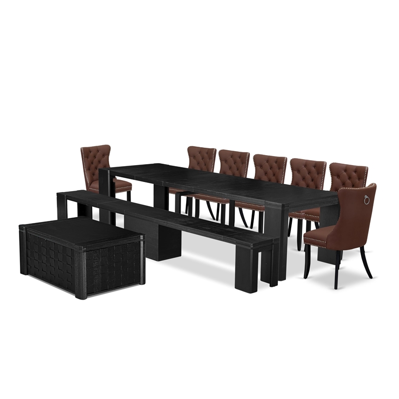Pemberly Row 10-Piece Dining Table Set in Wire-Brushed Black Finish
