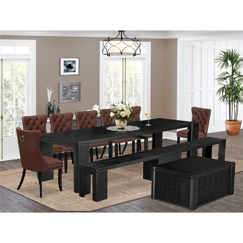 Pemberly Row 10-Piece Dining Table Set in Wire-Brushed Black Finish