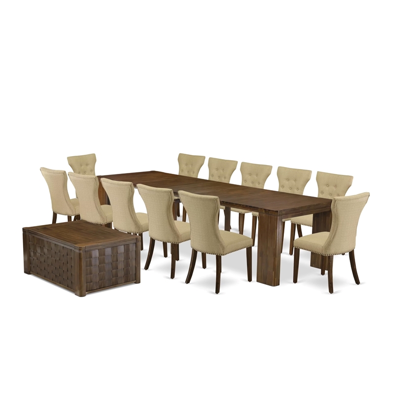 Pemberly Row 14-Piece Extendable Dining Set in Antique Walnut Finish