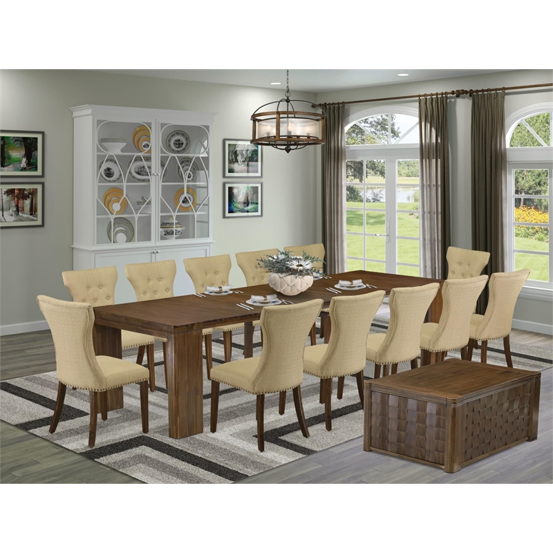Pemberly Row 14-Piece Extendable Dining Set in Antique Walnut Finish
