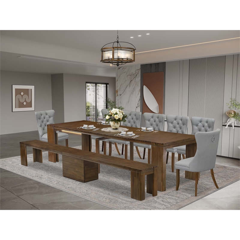 Pemberly Row 9-Piece Extendable Dining Set in Walnut Wood Finish