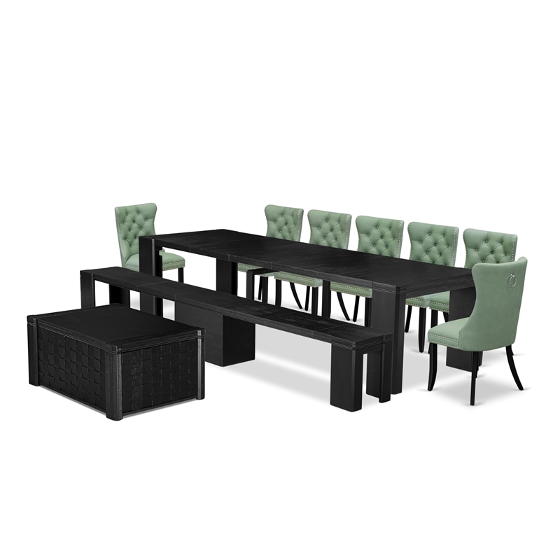 Pemberly Row 10-Piece Dining Room Set in Black Acacia Wood Finish