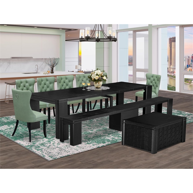 Pemberly Row 10-Piece Dining Room Set in Black Acacia Wood Finish