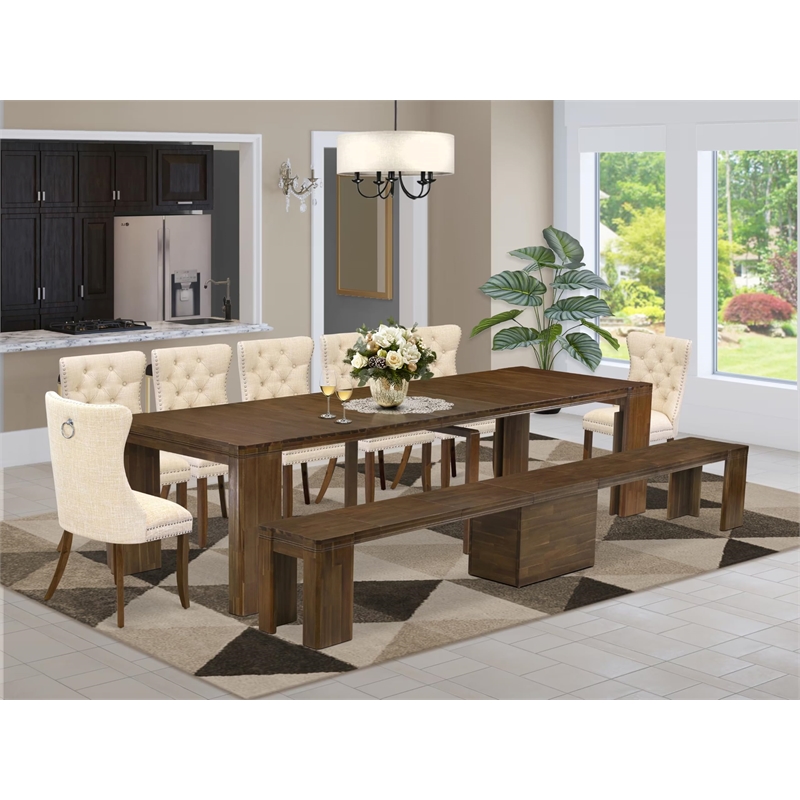 Pemberly Row 9-Piece Extendable Dining Set in Walnut Wood Finish