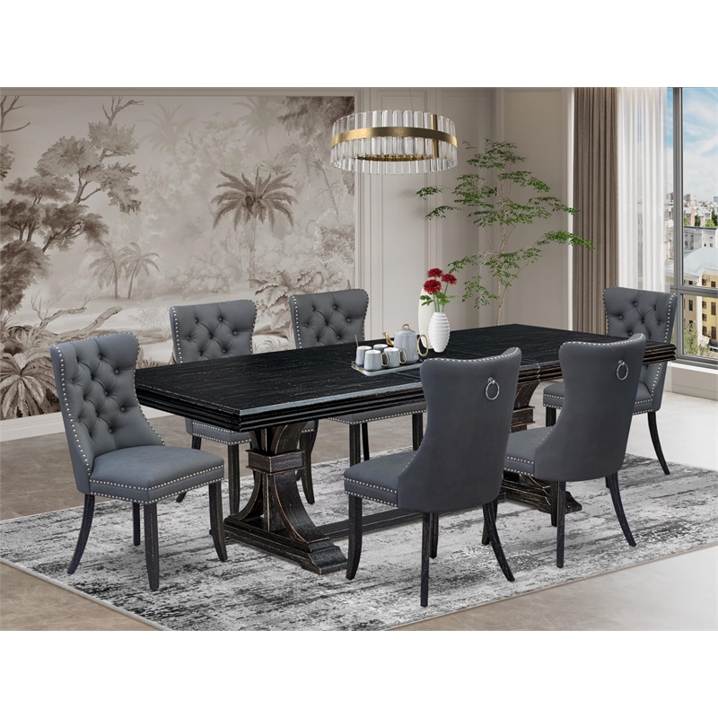 Pemberly Row 7-Piece Dining Set with Faux Leather Chairs in Black Finish