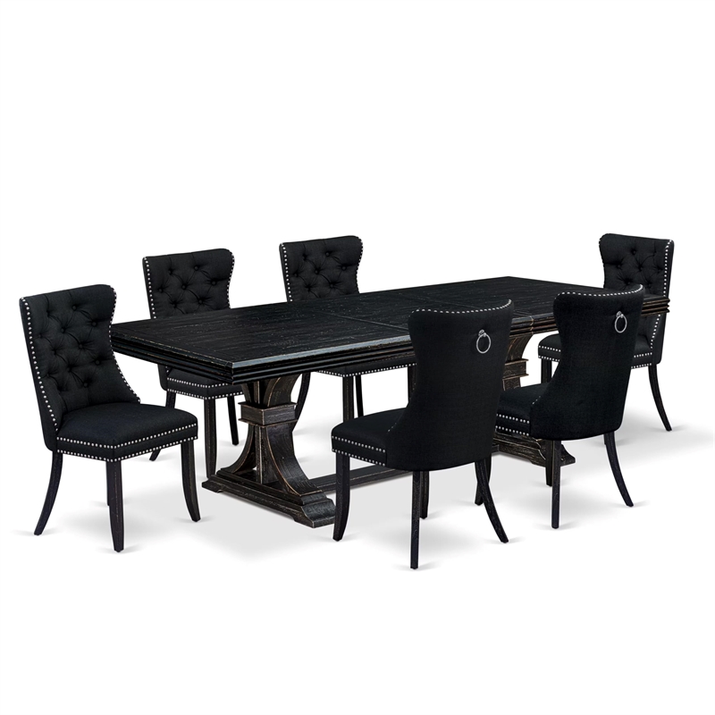 Pemberly Row 7-Piece Dining Set with Linen Fabric Chairs in Black Finish