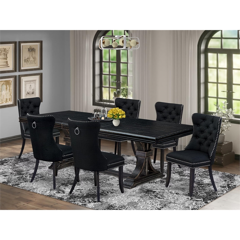 Pemberly Row 7-Piece Dining Set with Linen Fabric Chairs in Black Finish
