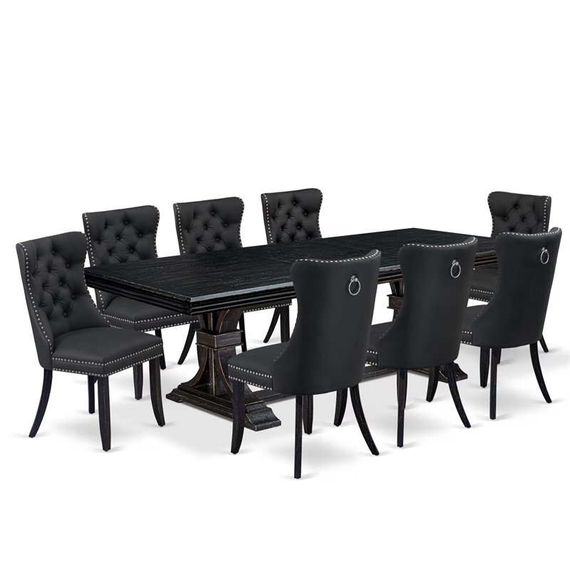 Pemberly Row 9-Piece Dining Table Set with Removable Leaf in Black Wood