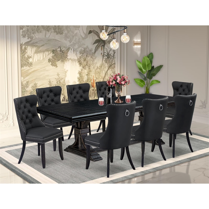 Pemberly Row 9-Piece Dining Table Set with Removable Leaf in Black Wood