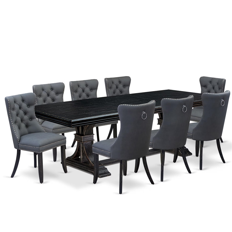 Pemberly Row 9-Piece Dining Table Set with Removable Leaf in Black Wood