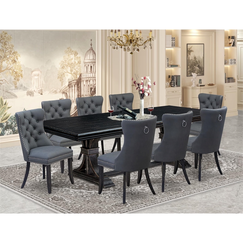 Pemberly Row 9-Piece Dining Table Set with Removable Leaf in Black Wood