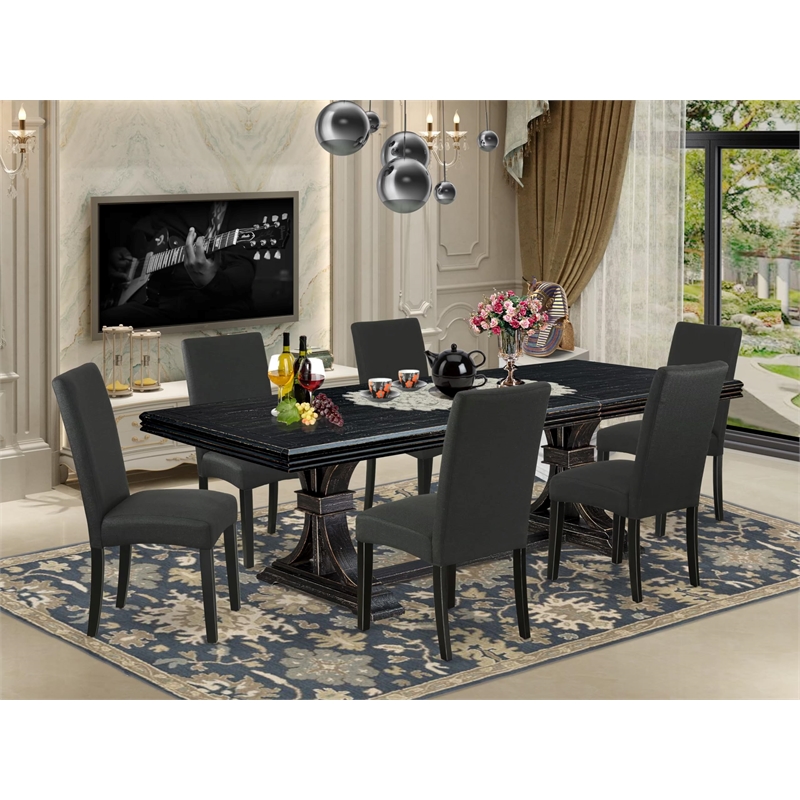 Pemberly Row 7-Piece Dining Table Set with Wooden Chairs in Black Finish