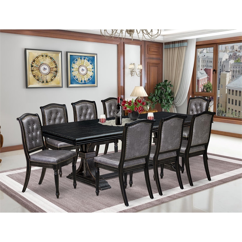 Pemberly Row 9-Piece Modern Dining Set with Black Finish and PU Leather