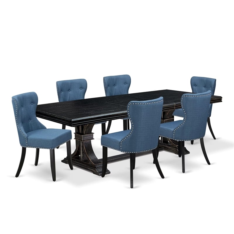 Pemberly Row 7-Piece Kitchen Dining Set with Black Finish and Blue Fabric