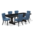 Pemberly Row 7-Piece Kitchen Dining Set with Black Finish and Blue Fabric