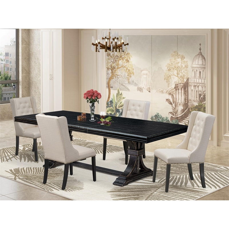 Pemberly Row 5-Piece Kitchen Dining Set in Black and Cream Linen Fabric