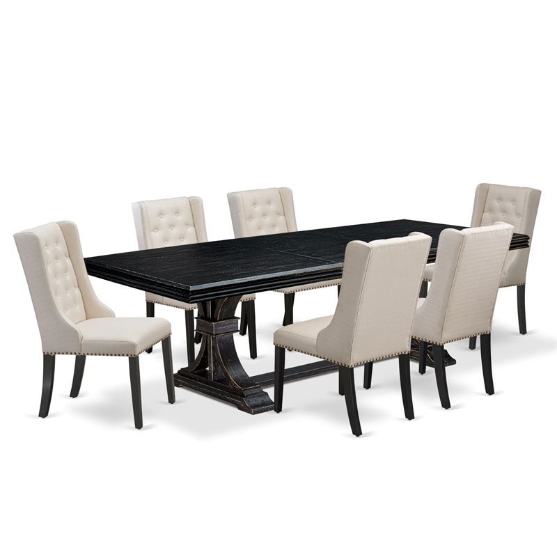 Pemberly Row 7-Piece Kitchen Dining Set in Black with Cream Fabric