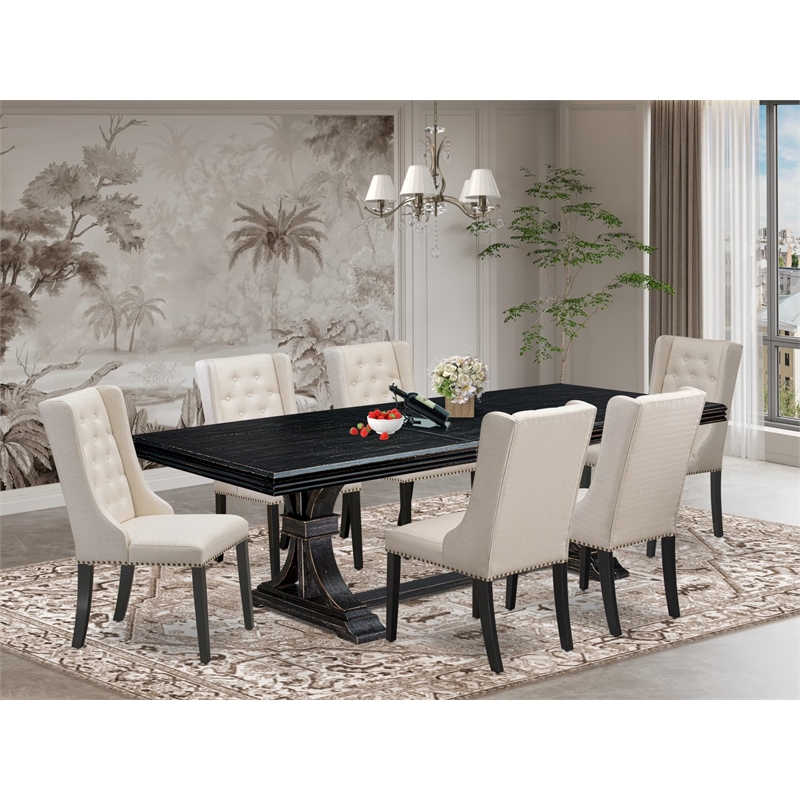 Pemberly Row 7-Piece Kitchen Dining Set in Black with Cream Fabric