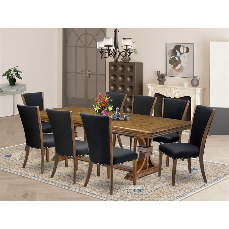 Pemberly Row 9-Piece Dining Table Set in Walnut Finish with Removable Leaf