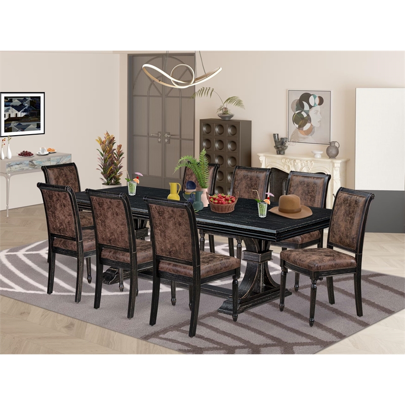 Pemberly Row 9-Piece Dining Table Set with Removable Leaf in Black Finish