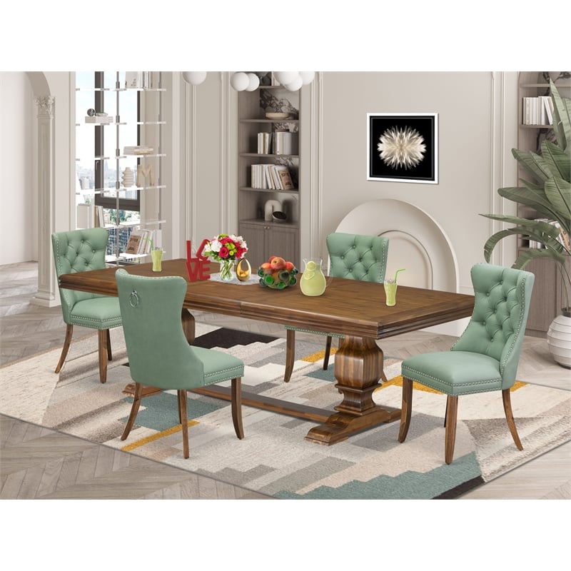 Pemberly Row 5-Piece Dining Table Set with Walnut Finish and Green Chairs