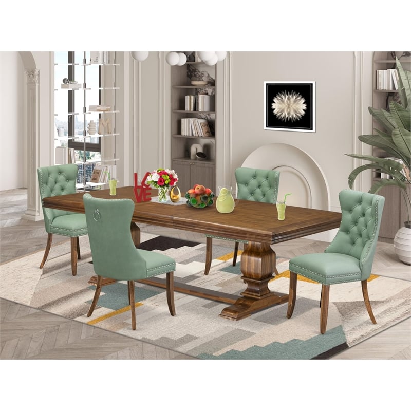 Pemberly Row 5-Piece Dining Table Set with Walnut Finish and Green Chairs