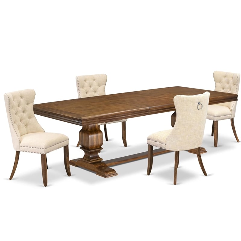 Pemberly Row 5-Piece Dining Set with Walnut Wood Table & Beige Chairs
