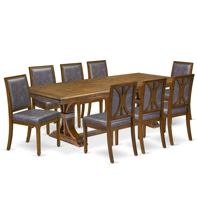 Pemberly Row 9-Piece Walnut Dining Table Set with PU Leather Chairs