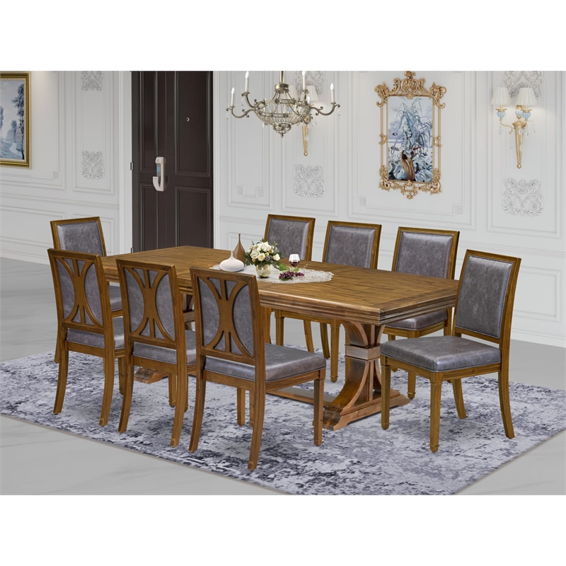 Pemberly Row 9-Piece Walnut Dining Table Set with PU Leather Chairs